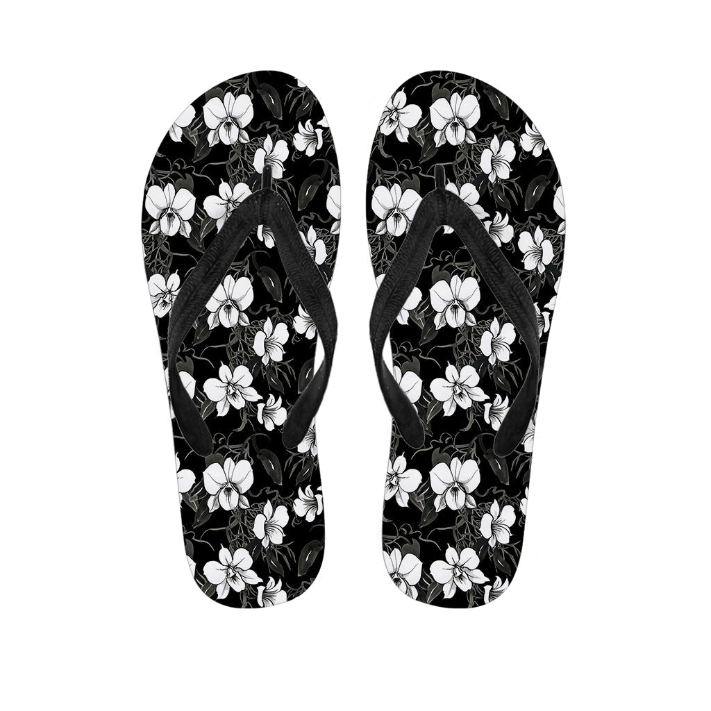 Black and White Cattleya Pattern Print Hawaiian Flip Flops for a Stylish Island Look - 1