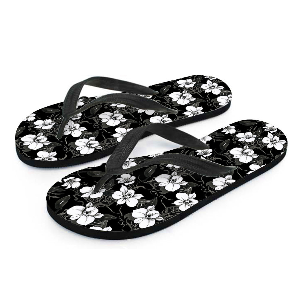 Black and White Cattleya Pattern Print Hawaiian Flip Flops for a Stylish Island Look - 1