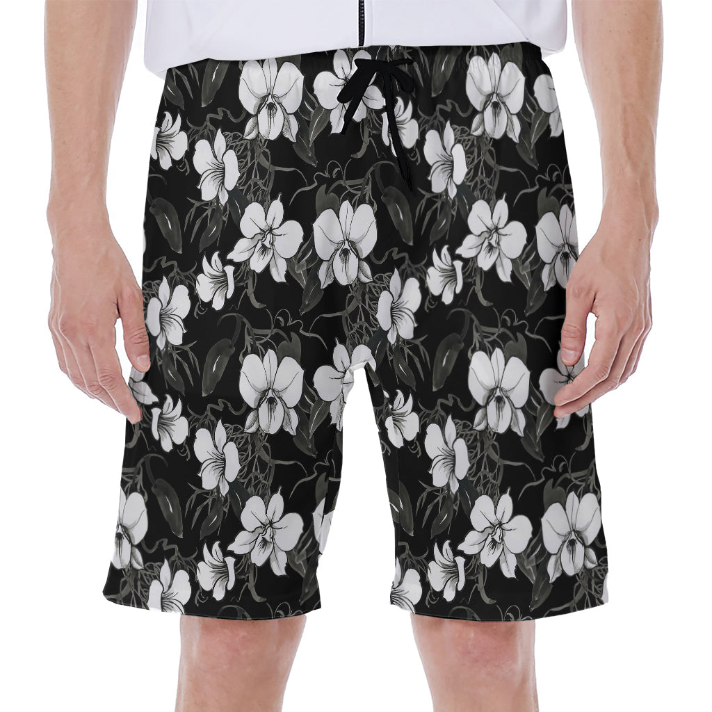 Black and White Cattleya Pattern Print Hawaiian Men's Beach Shorts - 1