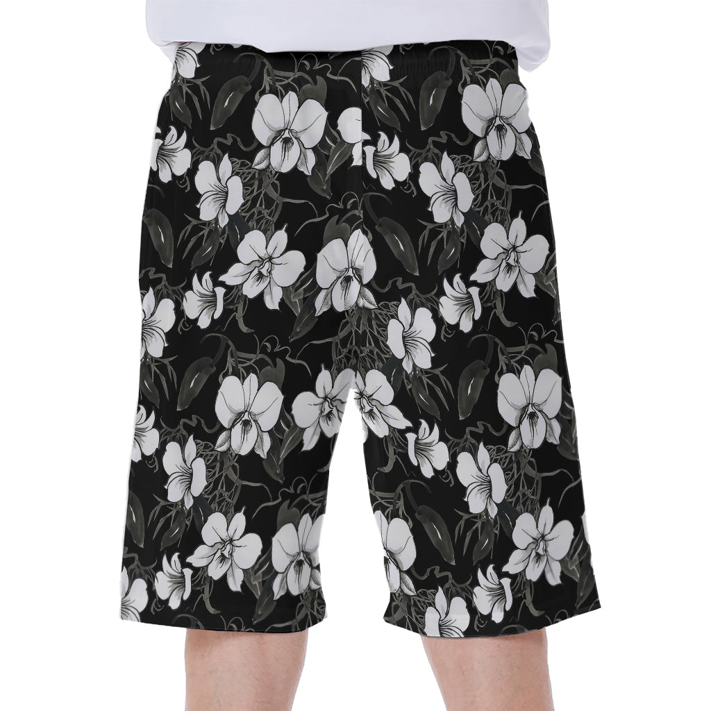 Black and White Cattleya Pattern Print Hawaiian Men's Beach Shorts - 1