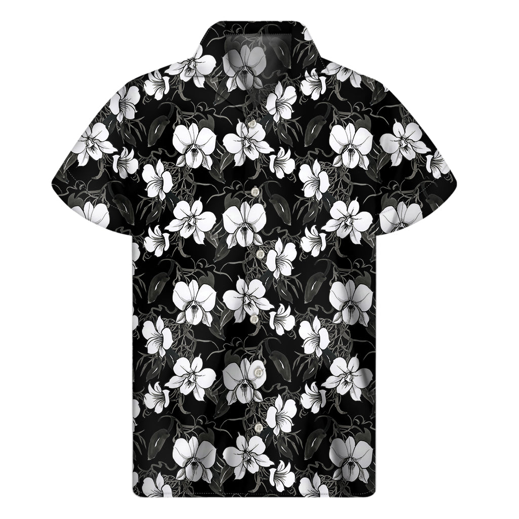 Black and White Cattleya Pattern Hawaiian Short Sleeve Shirt - 1