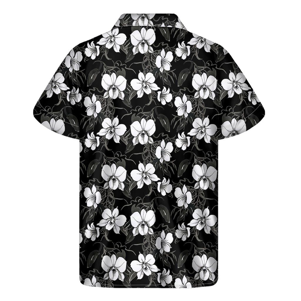 Black and White Cattleya Pattern Hawaiian Short Sleeve Shirt - 2