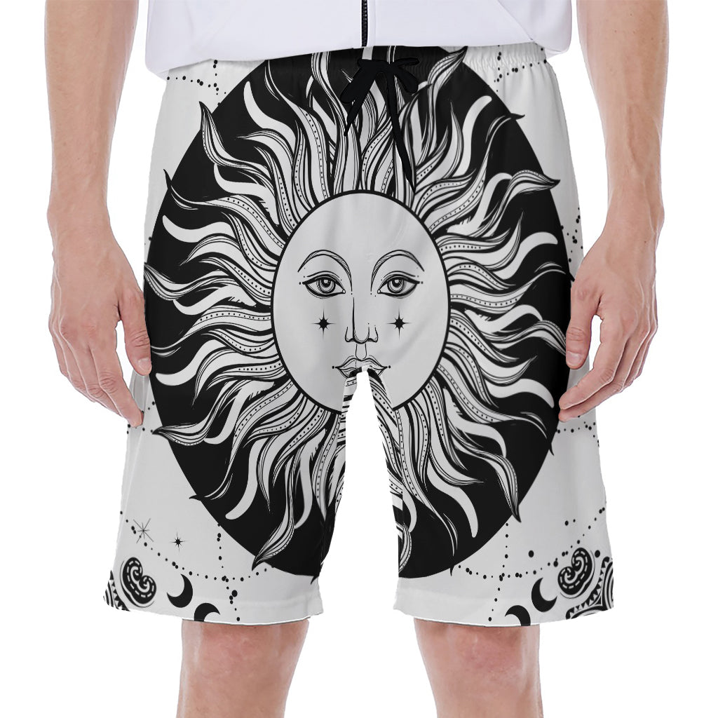 Black and White Celestial Sun Print Hawaiian Men's Beach Shorts - 1