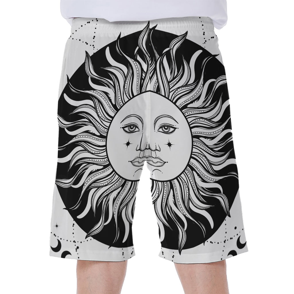 Black and White Celestial Sun Print Hawaiian Men's Beach Shorts - 1