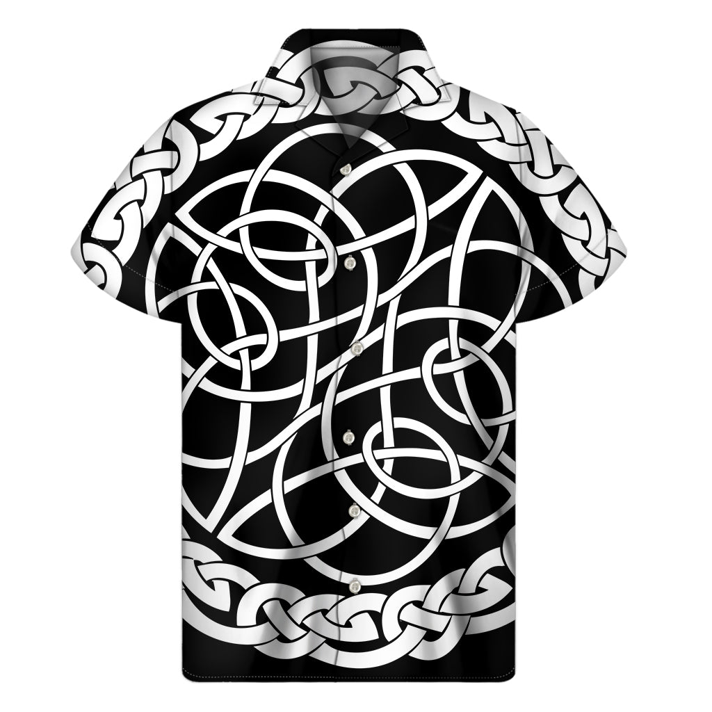 Island Vibes: Black and White Celtic Knot Print Hawaiian Short Sleeve Shirt - 1