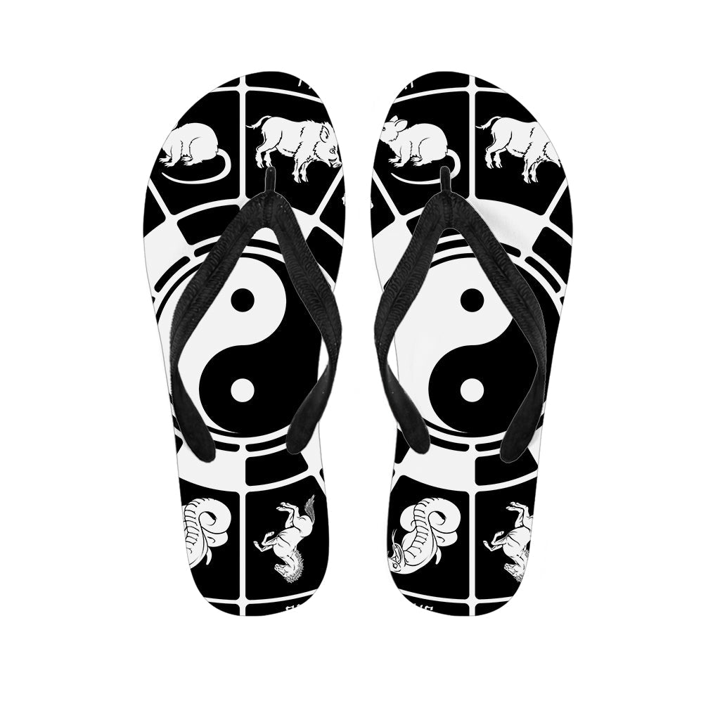 Black and White Chinese Zodiac Print Hawaiian Flip Flops: Perfect for Your Island Style - 1