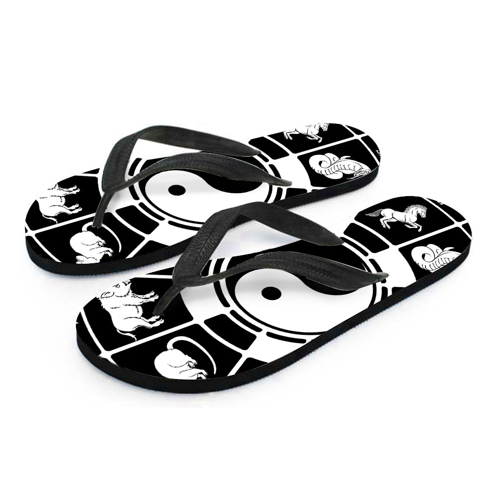 Black and White Chinese Zodiac Print Hawaiian Flip Flops: Perfect for Your Island Style - 2