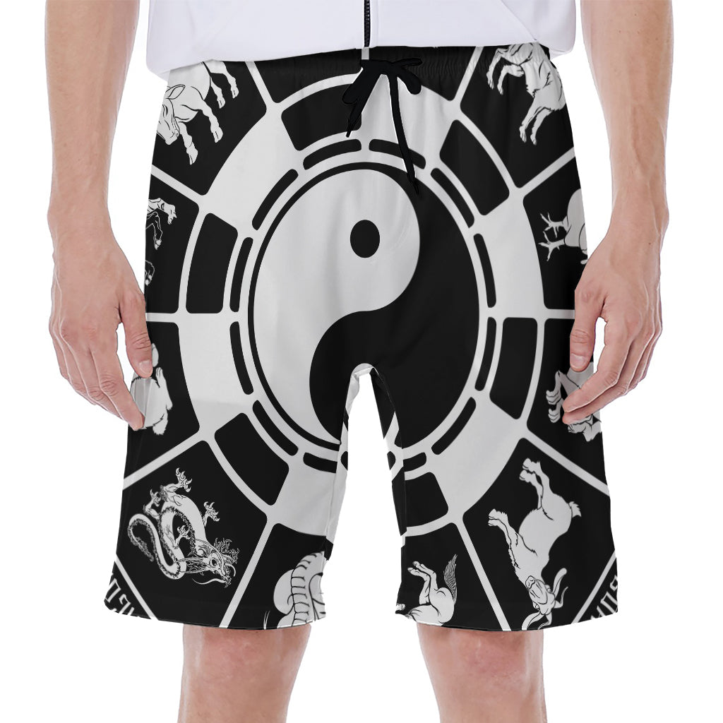 Black and White Chinese Zodiac Print Hawaiian Men's Beach Shorts - 1