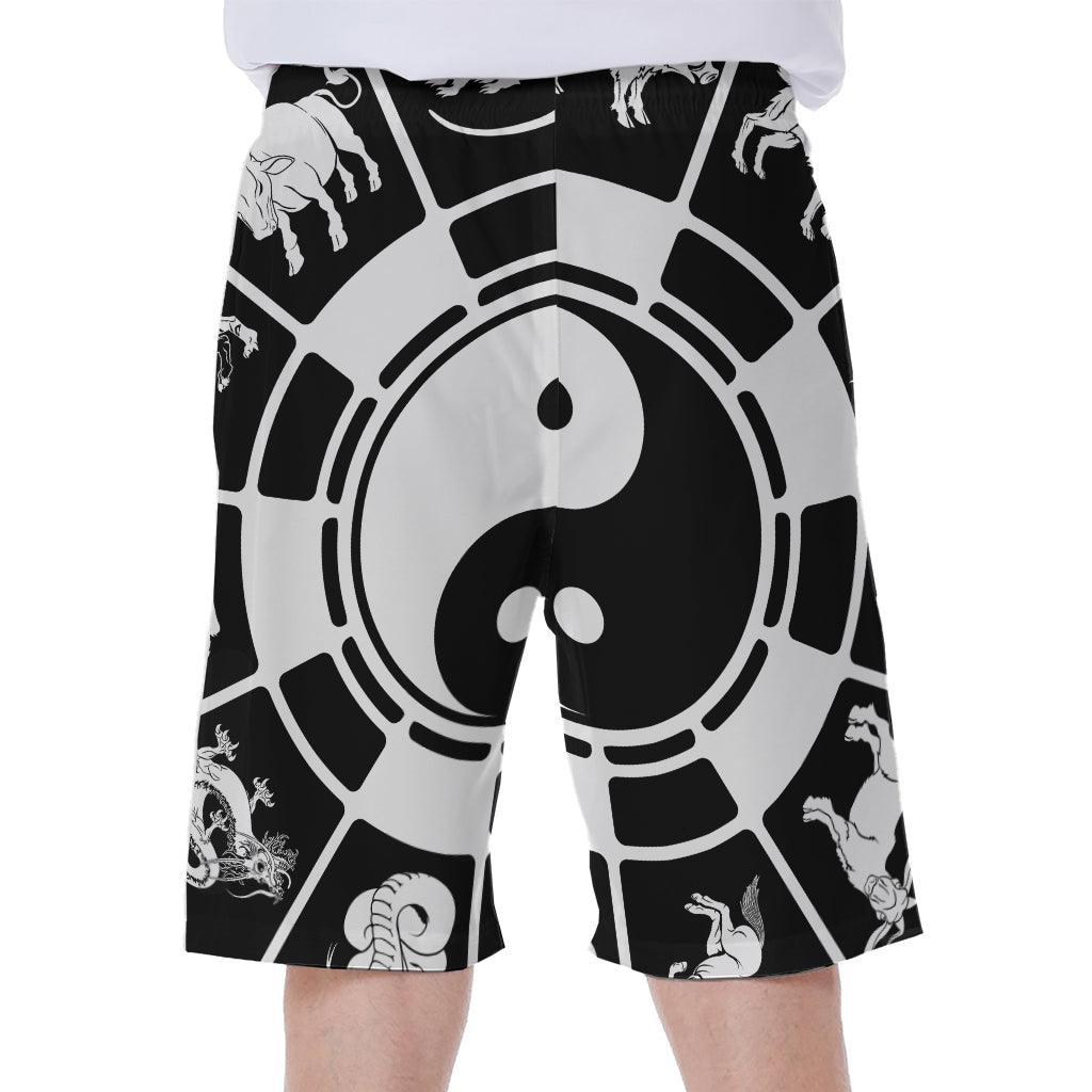 Black and White Chinese Zodiac Print Hawaiian Men's Beach Shorts - 1