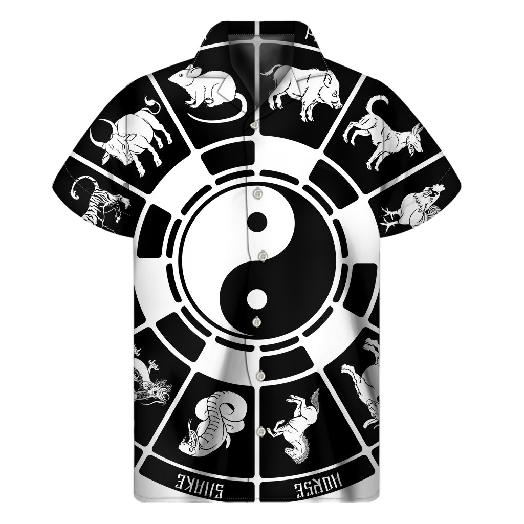 Black and White Hawaiian Style Chinese Zodiac Print Short Sleeve Shirt - 1