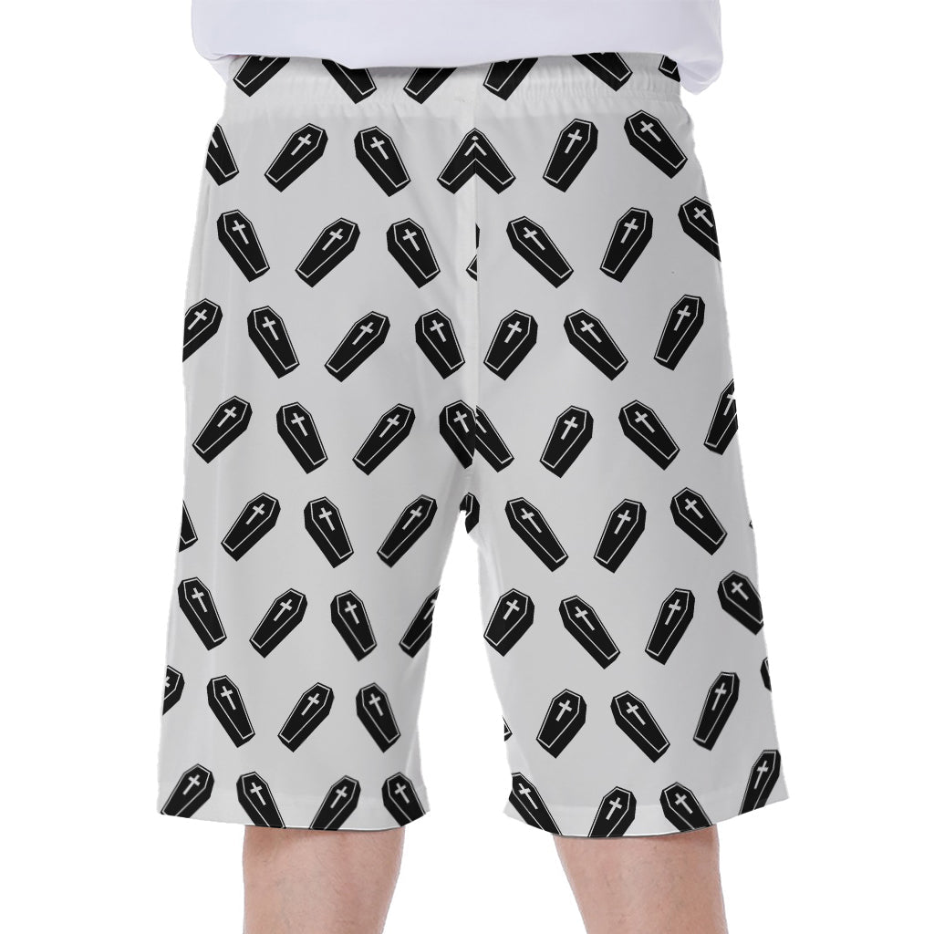 Black and White Coffin Pattern Hawaiian Men's Beach Shorts - 1