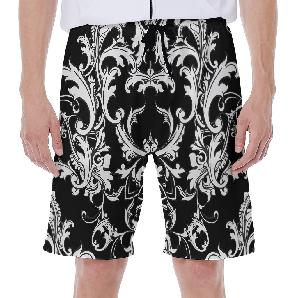 Black and White Damask Hawaiian Print Men's Beach Shorts - 1