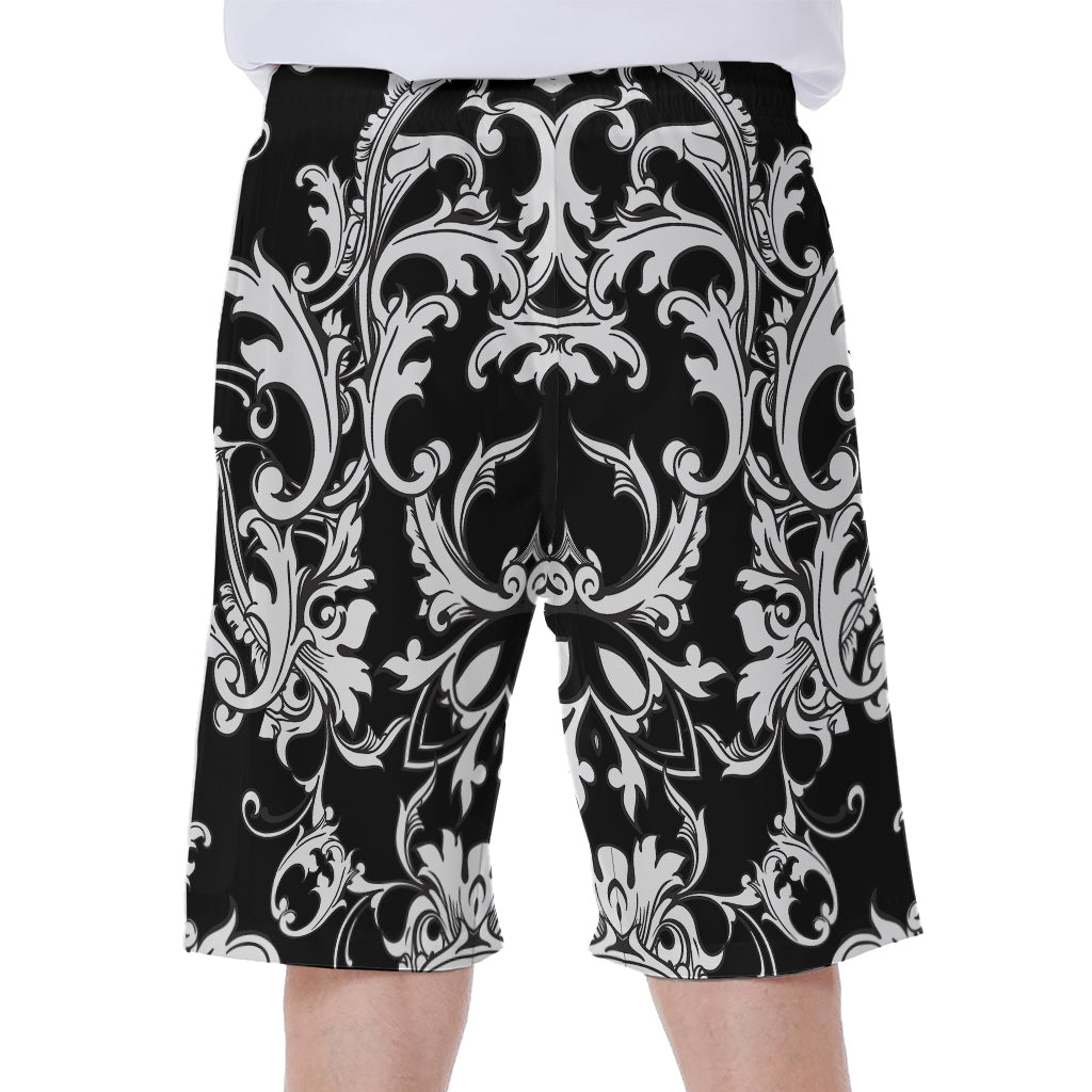 Black and White Damask Hawaiian Print Men's Beach Shorts - 1