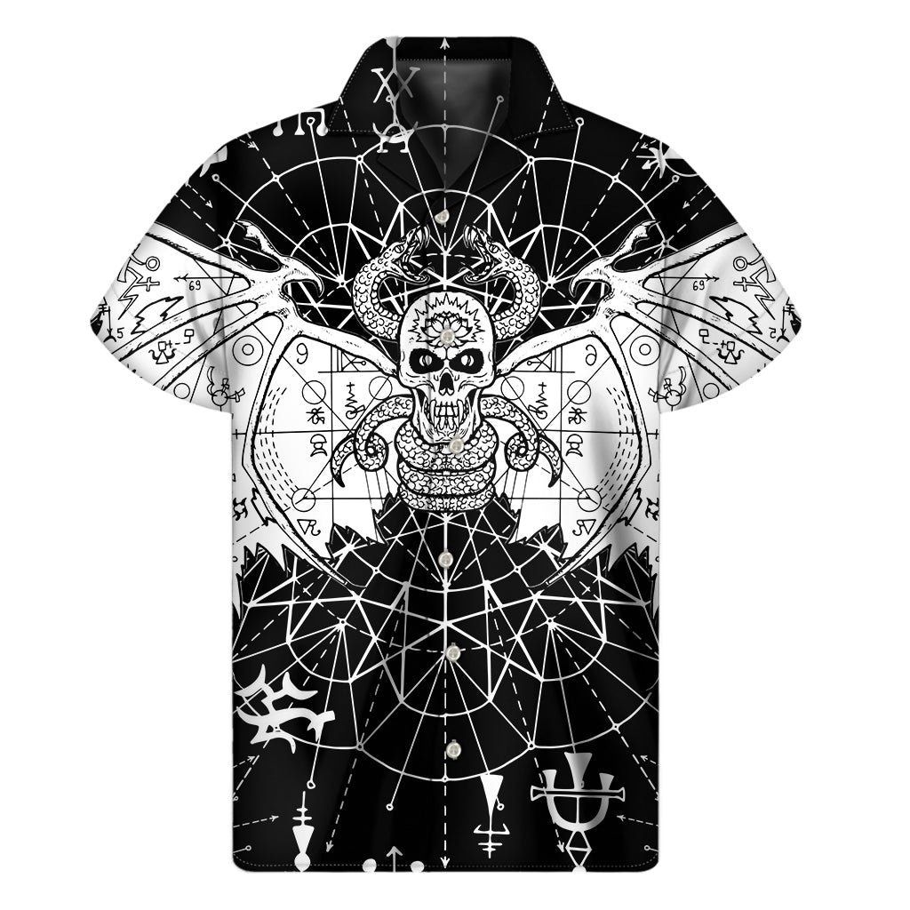 Black and White Demon Wicca Print Hawaiian Short Sleeve Shirt - 1