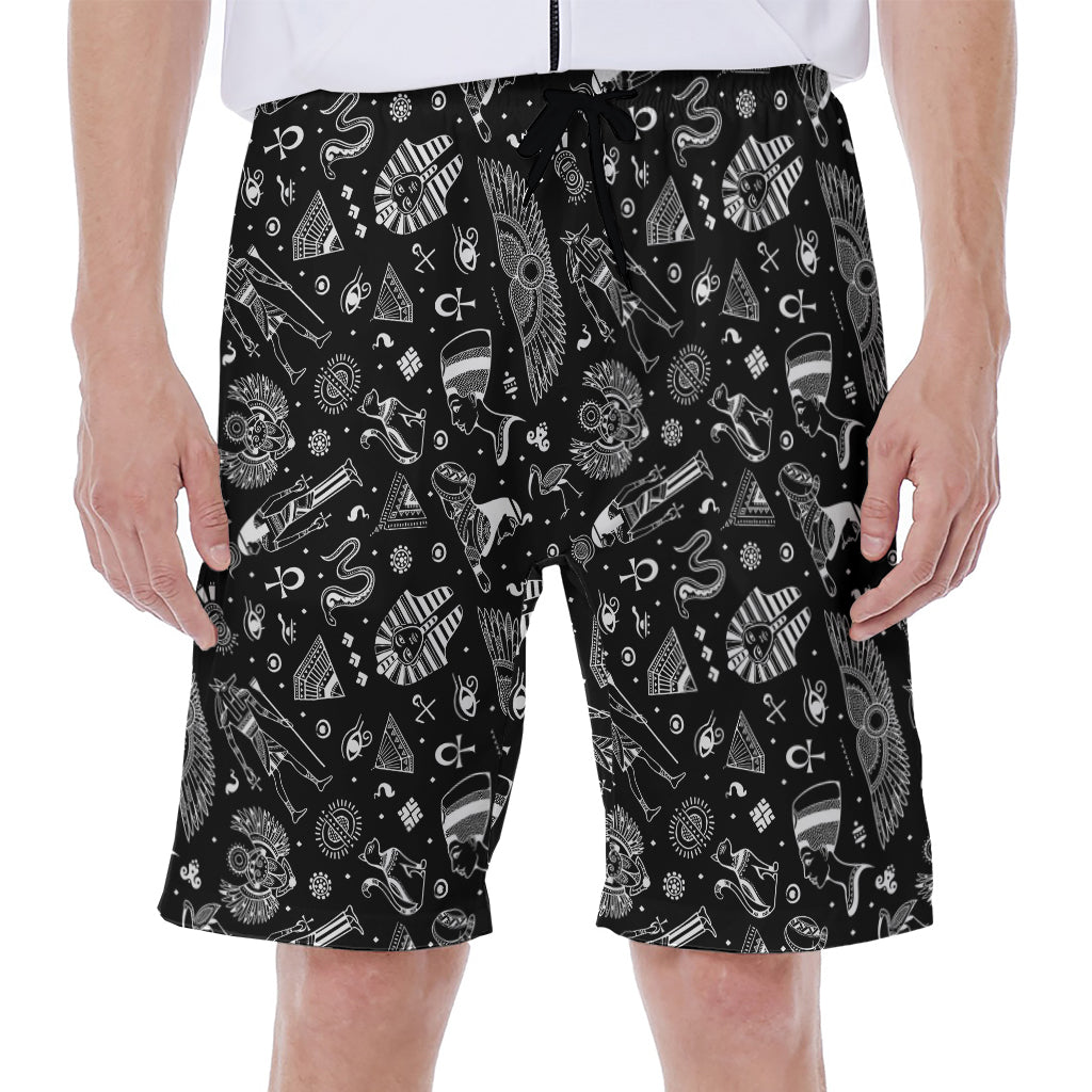 Authentic Hawaiian Style: Black and White Egyptian Pattern Men&#39;s Beach Shorts - 1