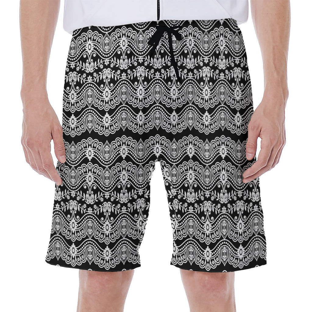 Black and White Ethnic Boho Print Hawaiian Men's Beach Shorts - 1