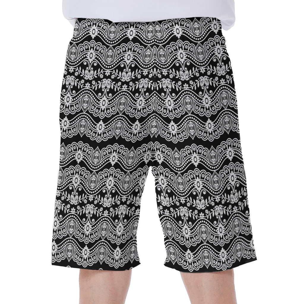 Black and White Ethnic Boho Print Hawaiian Men's Beach Shorts - 1