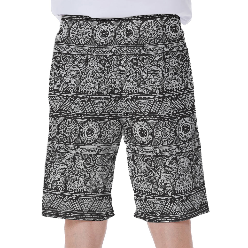 Black and White Ethnic Pattern Hawaiian Men's Beach Shorts - 1