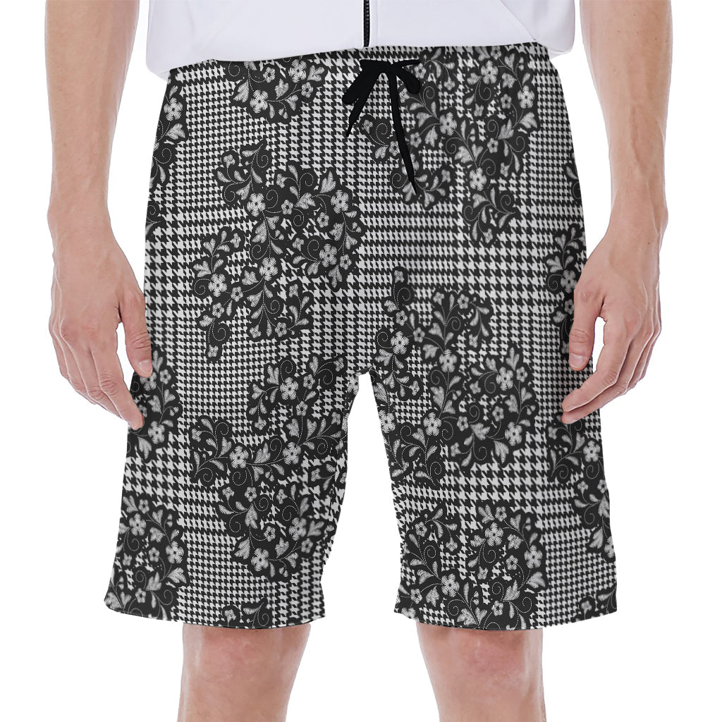 Black and White Floral Glen Plaid Hawaiian Men's Beach Shorts - 1