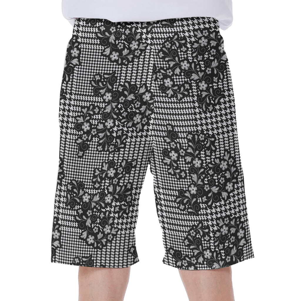 Black and White Floral Glen Plaid Hawaiian Men's Beach Shorts - 1