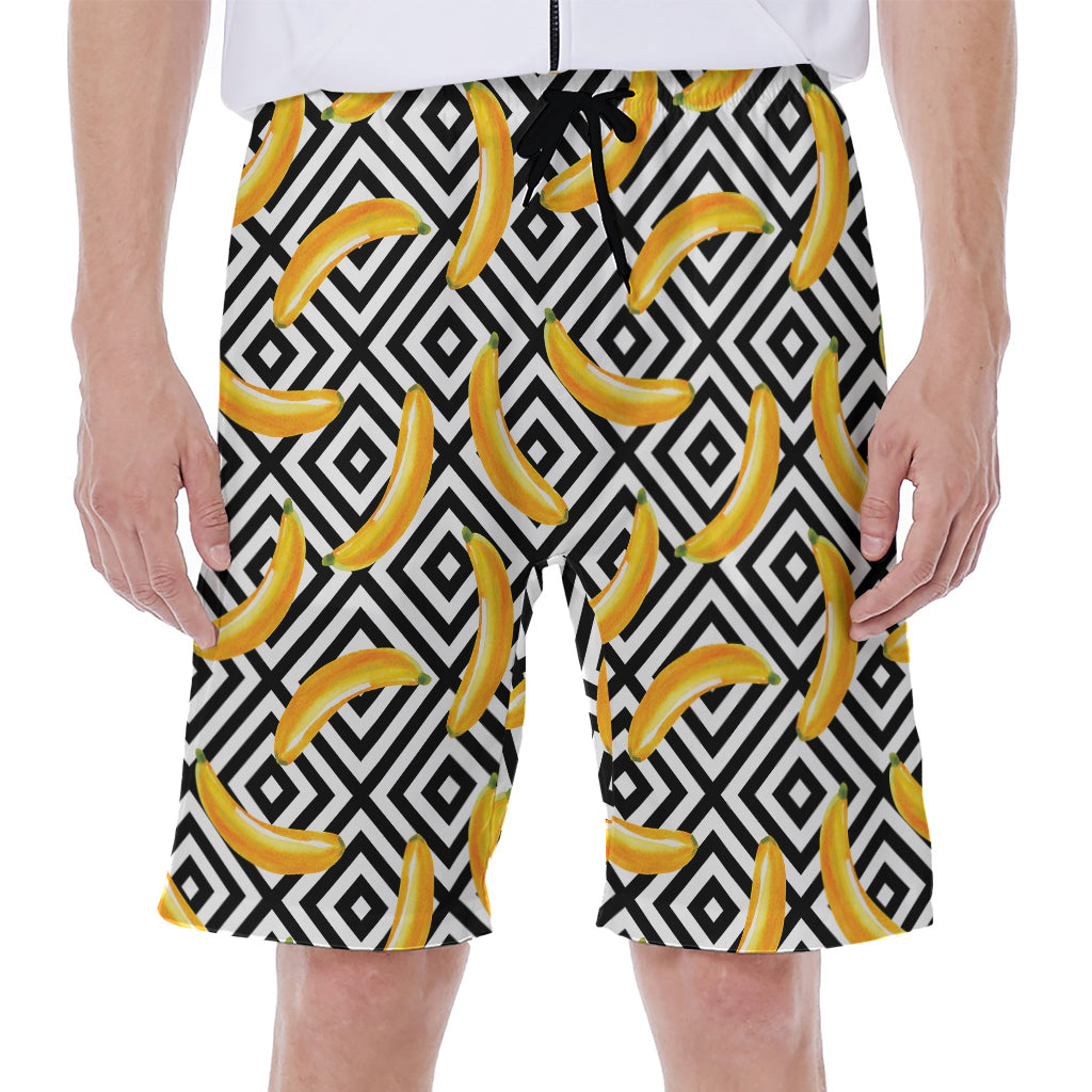 Black and White Geometric Banana Print Hawaiian Men's Beach Shorts - 1