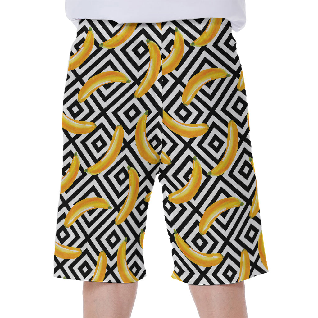 Black and White Geometric Banana Print Hawaiian Men's Beach Shorts - 1