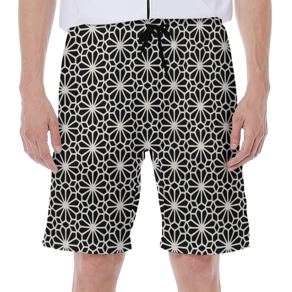 Black and White Geometric Floral Print Hawaiian Men's Beach Shorts - 1