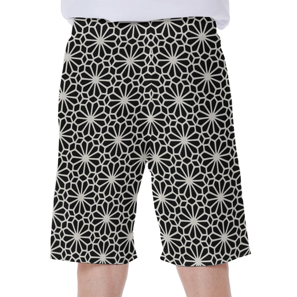 Black and White Geometric Floral Print Hawaiian Men's Beach Shorts - 1