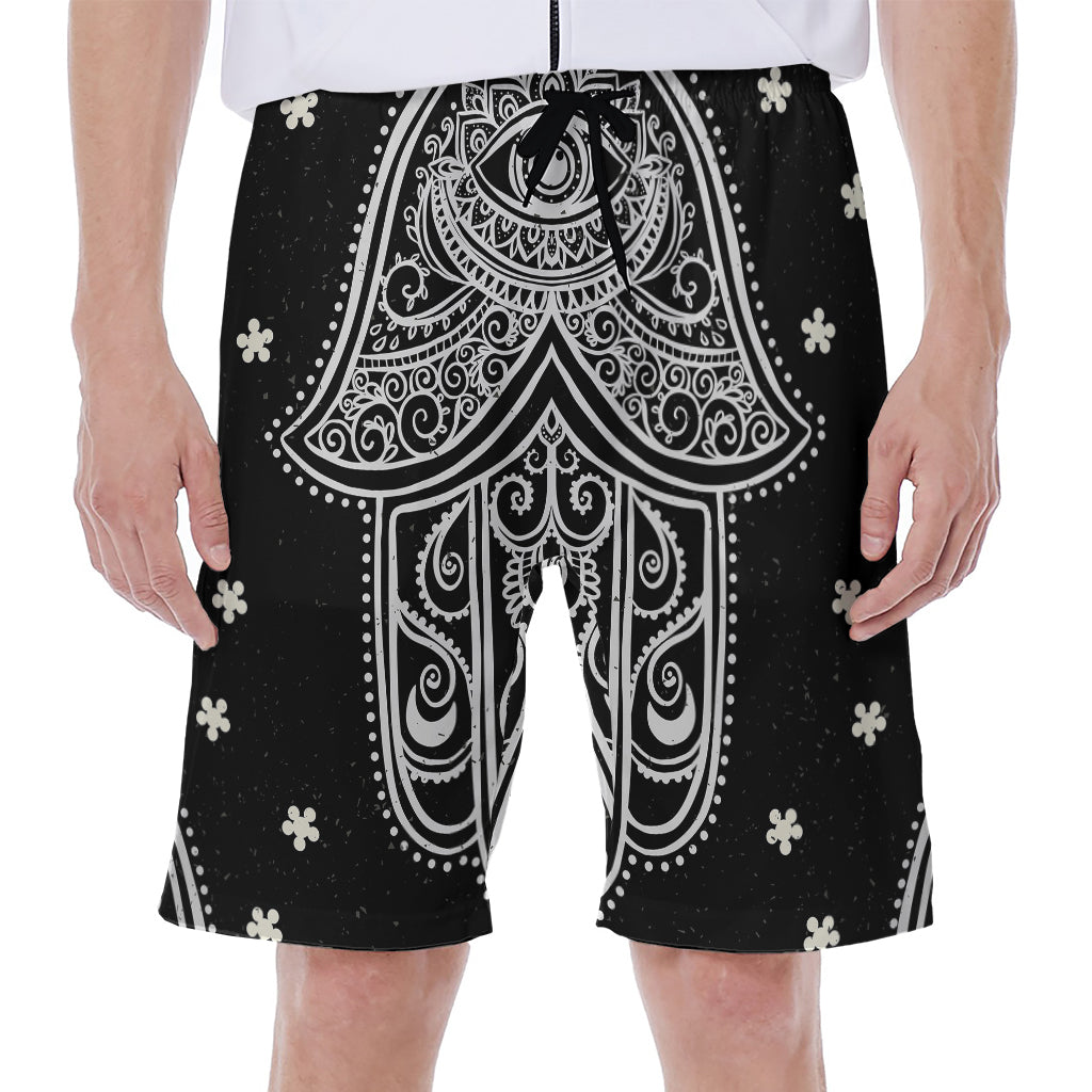 Black and White Hamsa Print Men's Hawaiian Beach Shorts - 1