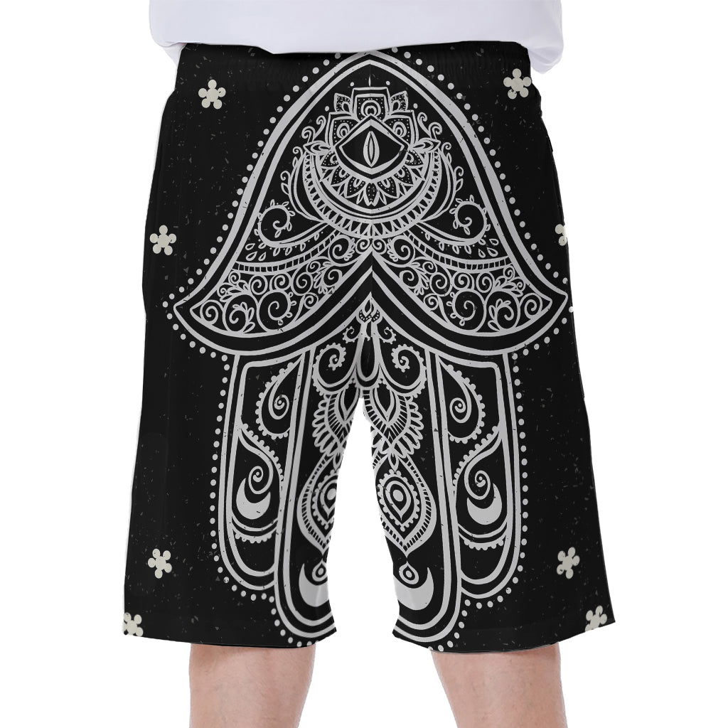 Black and White Hamsa Print Men's Hawaiian Beach Shorts - 1