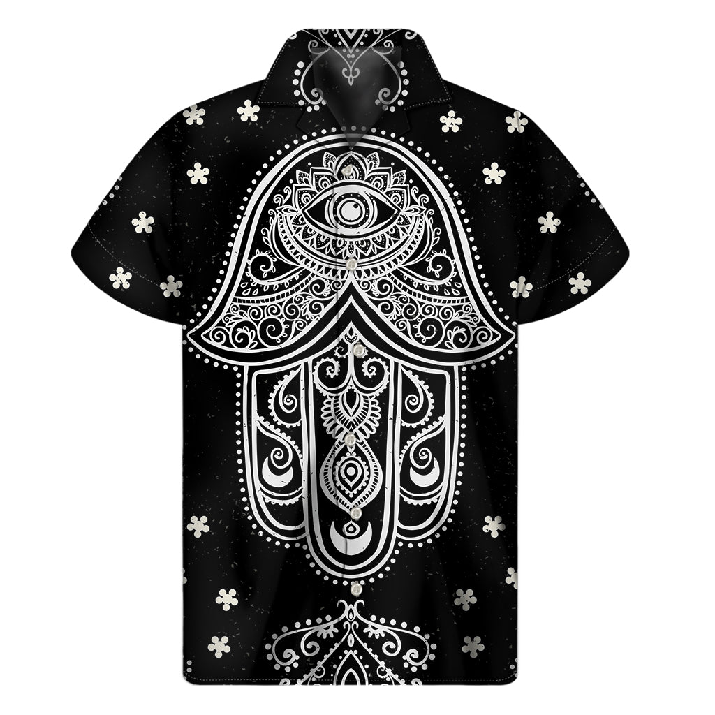 Black and White Hamsa Print Hawaiian Short Sleeve Shirt - 1