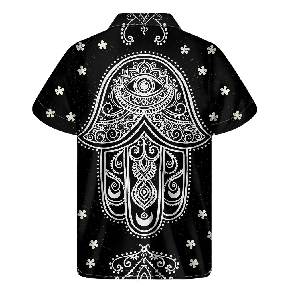 Black and White Hamsa Print Hawaiian Short Sleeve Shirt - 2