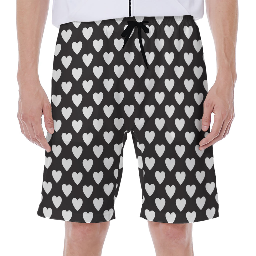 Black and White Heart Pattern Hawaiian Men's Beach Shorts - 1