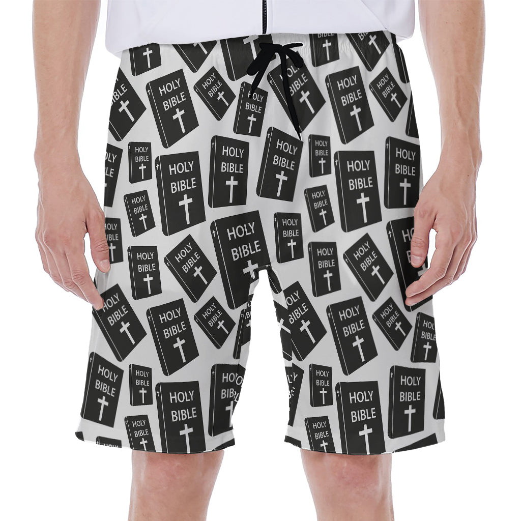 Black and White Holy Bible Pattern Printed Hawaiian Men&#39;s Beach Shorts - 1