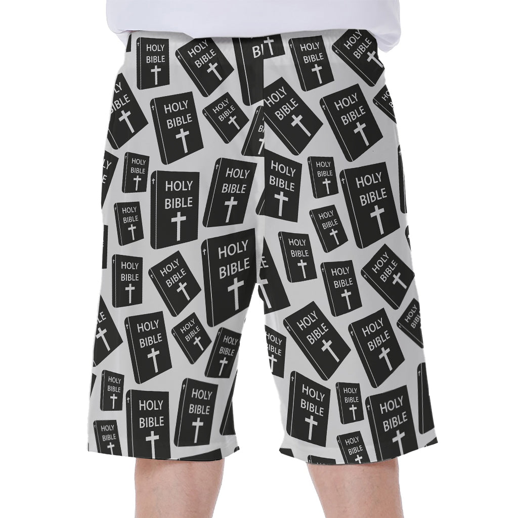 Black and White Holy Bible Pattern Printed Hawaiian Men's Beach Shorts - 1