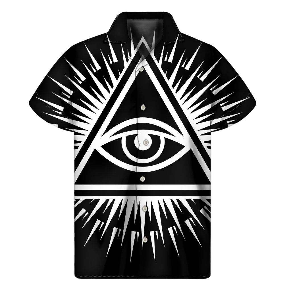 Black and White Illuminati Print Hawaiian Short Sleeve Shirt - 1