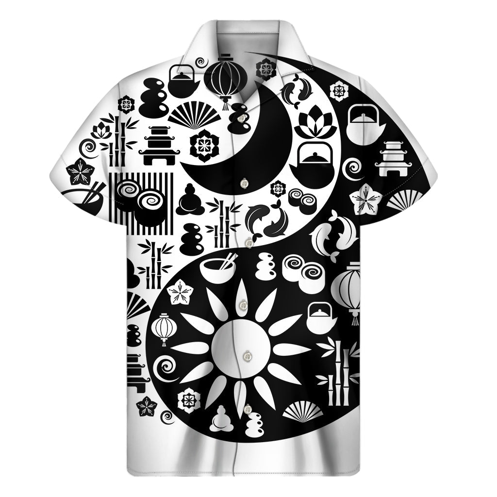 Black and White Yin Yang Hawaiian Print Short Sleeve Shirt - 1