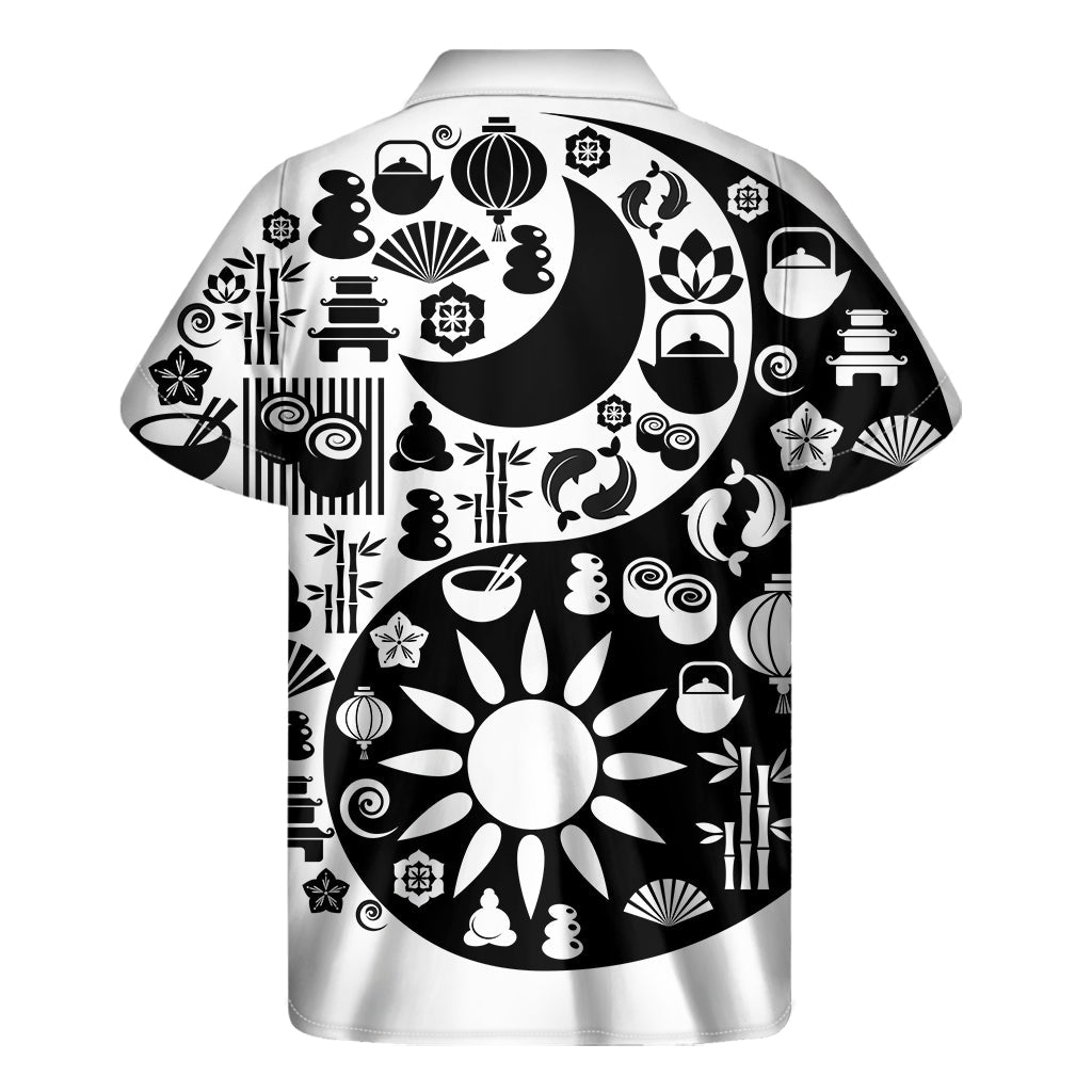 Black and White Yin Yang Hawaiian Print Short Sleeve Shirt - 2