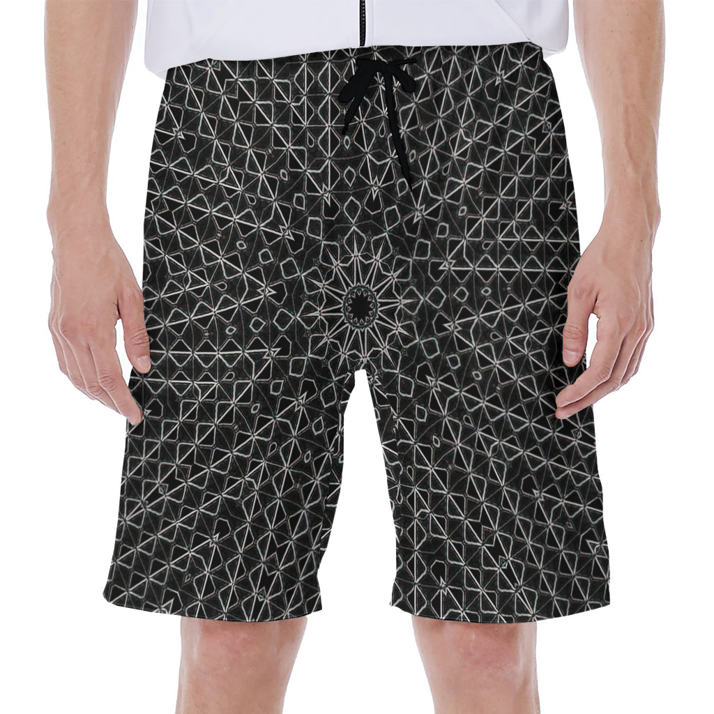 Black and White Kaleidoscope Print Hawaiian Men's Beach Shorts - 1