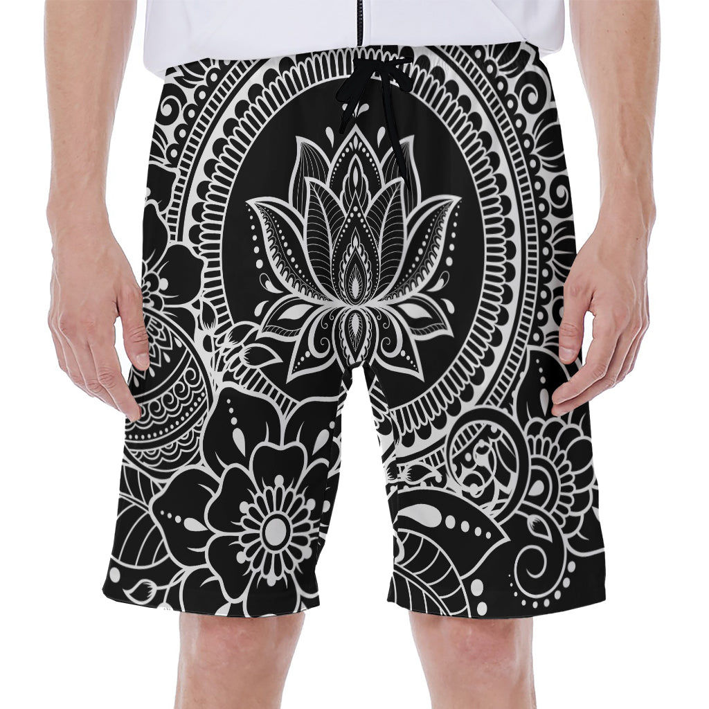 Black and White Lotus Flower Print Hawaiian Men's Beach Shorts - 1