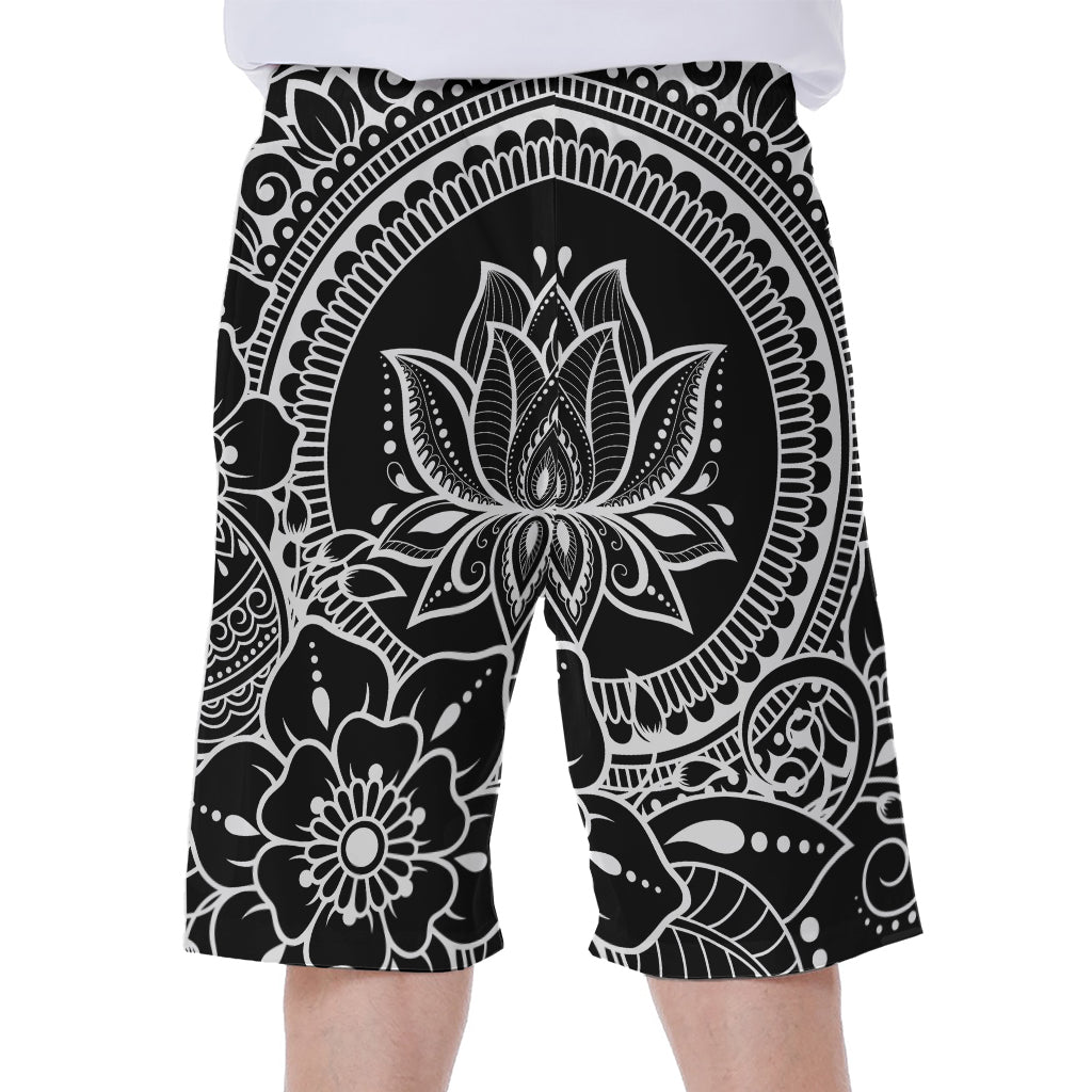 Black and White Lotus Flower Print Hawaiian Men's Beach Shorts - 1