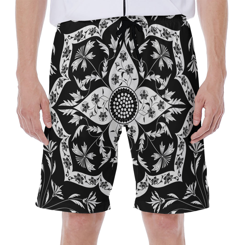 Black and White Lotus Mandala Print Hawaiian Men&#39;s Beach Shorts - 1