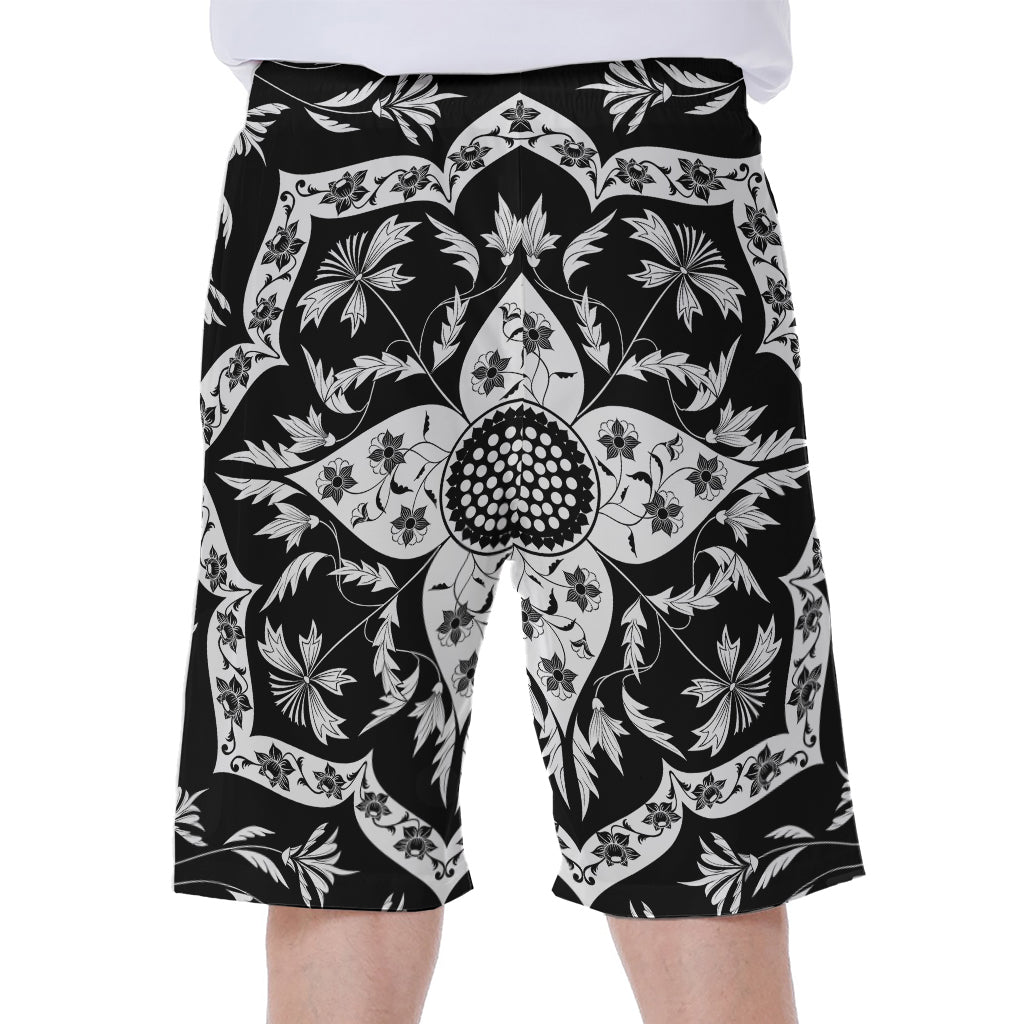 Black and White Lotus Mandala Print Hawaiian Men&#39;s Beach Shorts - 2