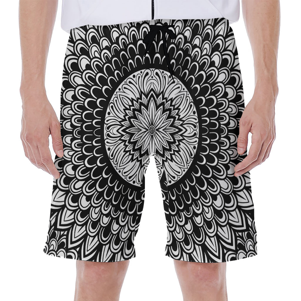 Black and White Mandala Print Hawaiian Men's Beach Shorts - 1