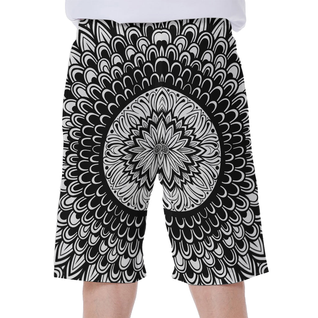 Black and White Mandala Print Hawaiian Men's Beach Shorts - 1