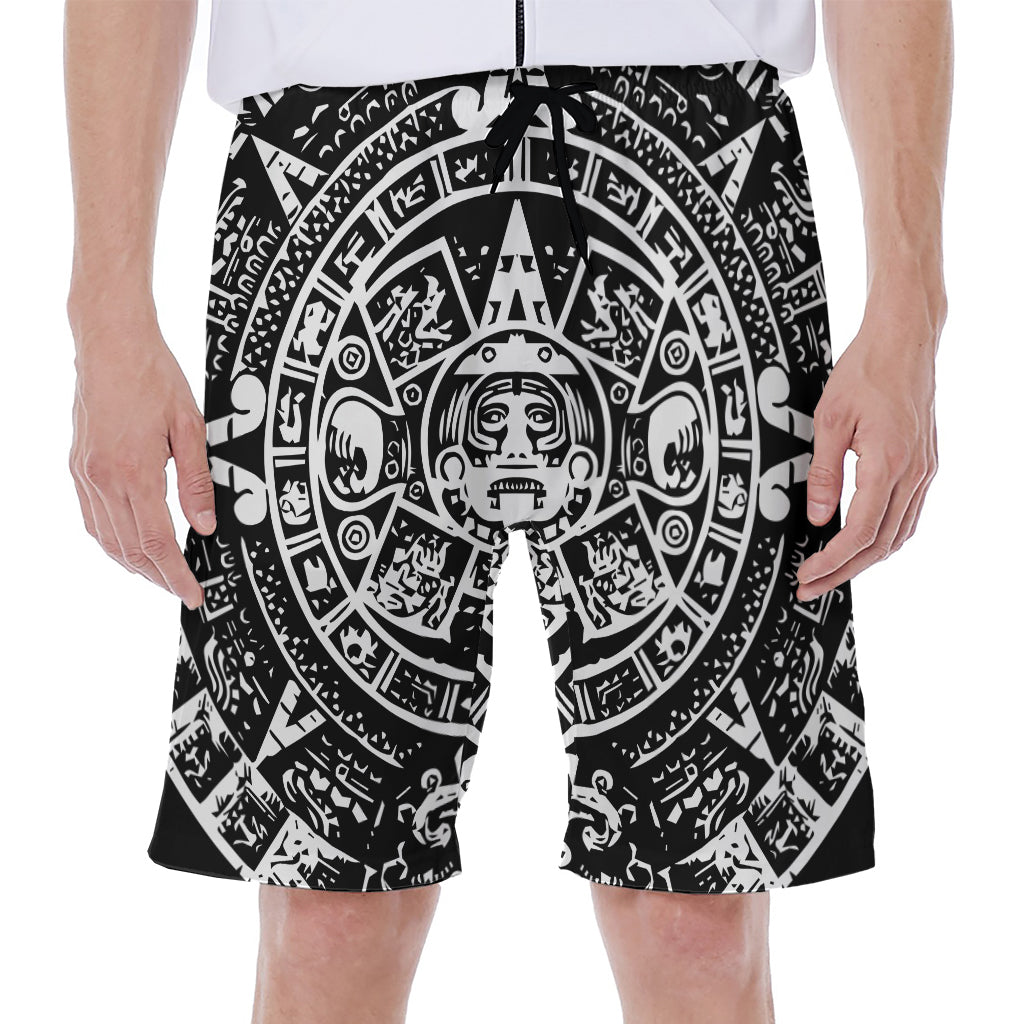 Black and White Maya Calendar Print Hawaiian Men's Beach Shorts - 1