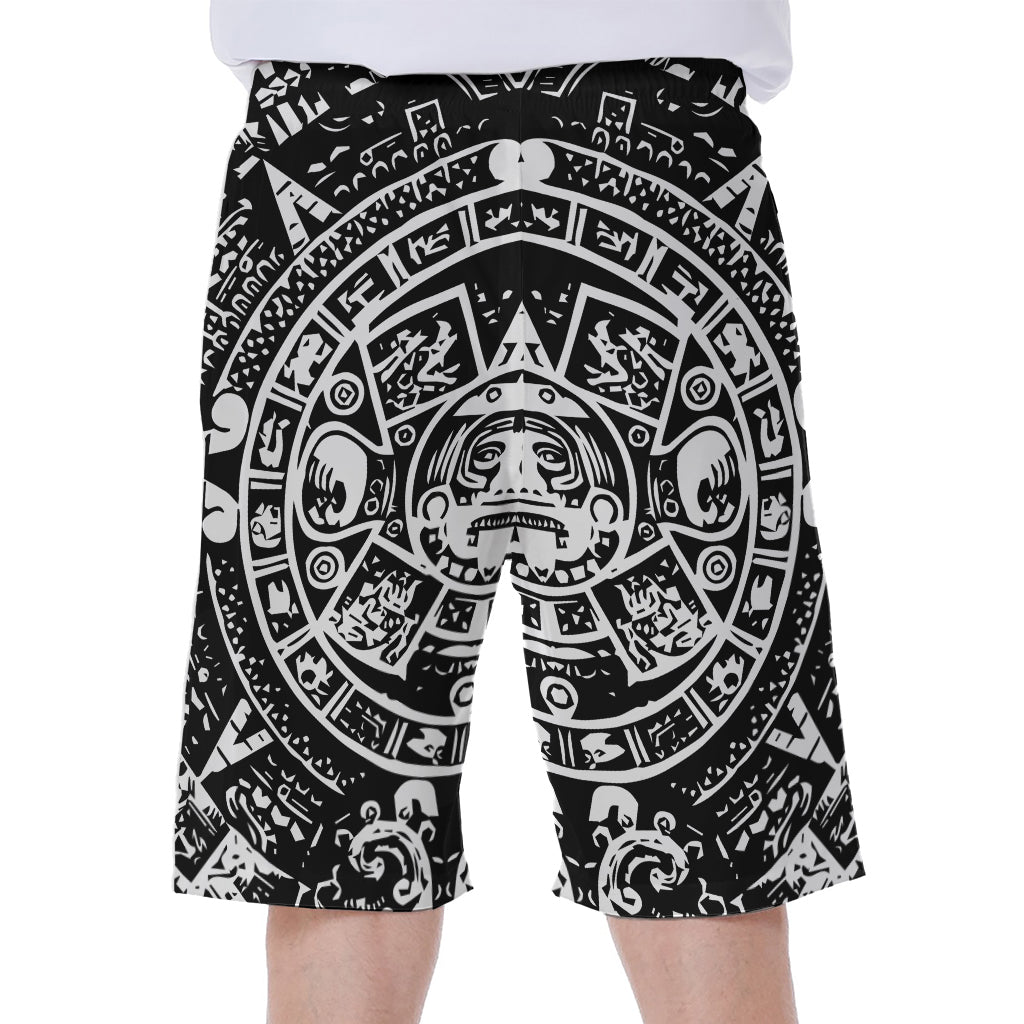 Black and White Maya Calendar Print Hawaiian Men's Beach Shorts - 1