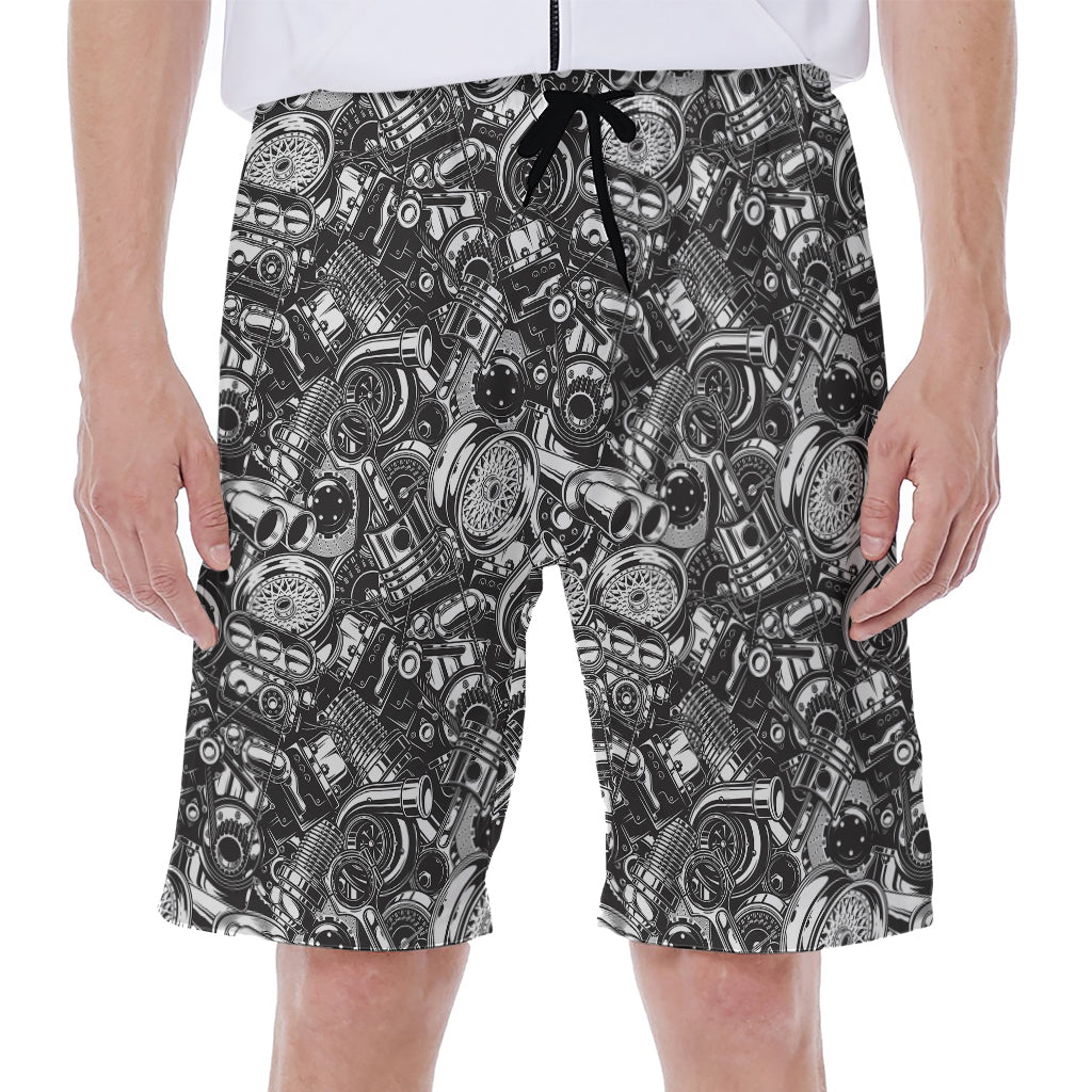 Black and White Mechanic Pattern Men&#39;s Hawaiian Beach Shorts - 1