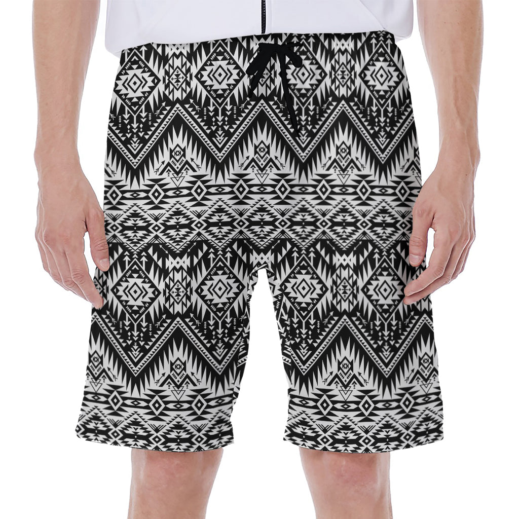 Black and White Navajo Print Hawaiian Men's Beach Shorts - 1