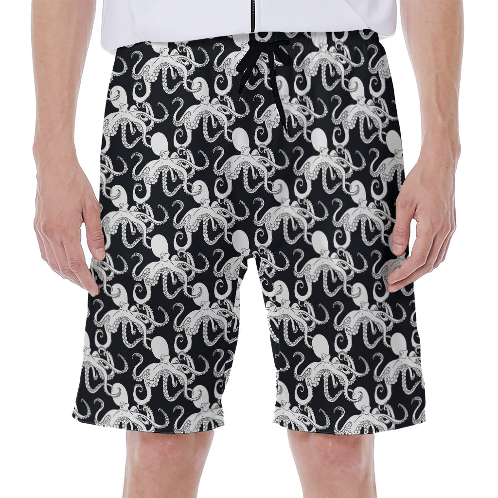 Black and White Octopus Pattern Hawaiian Men's Beach Shorts - 1